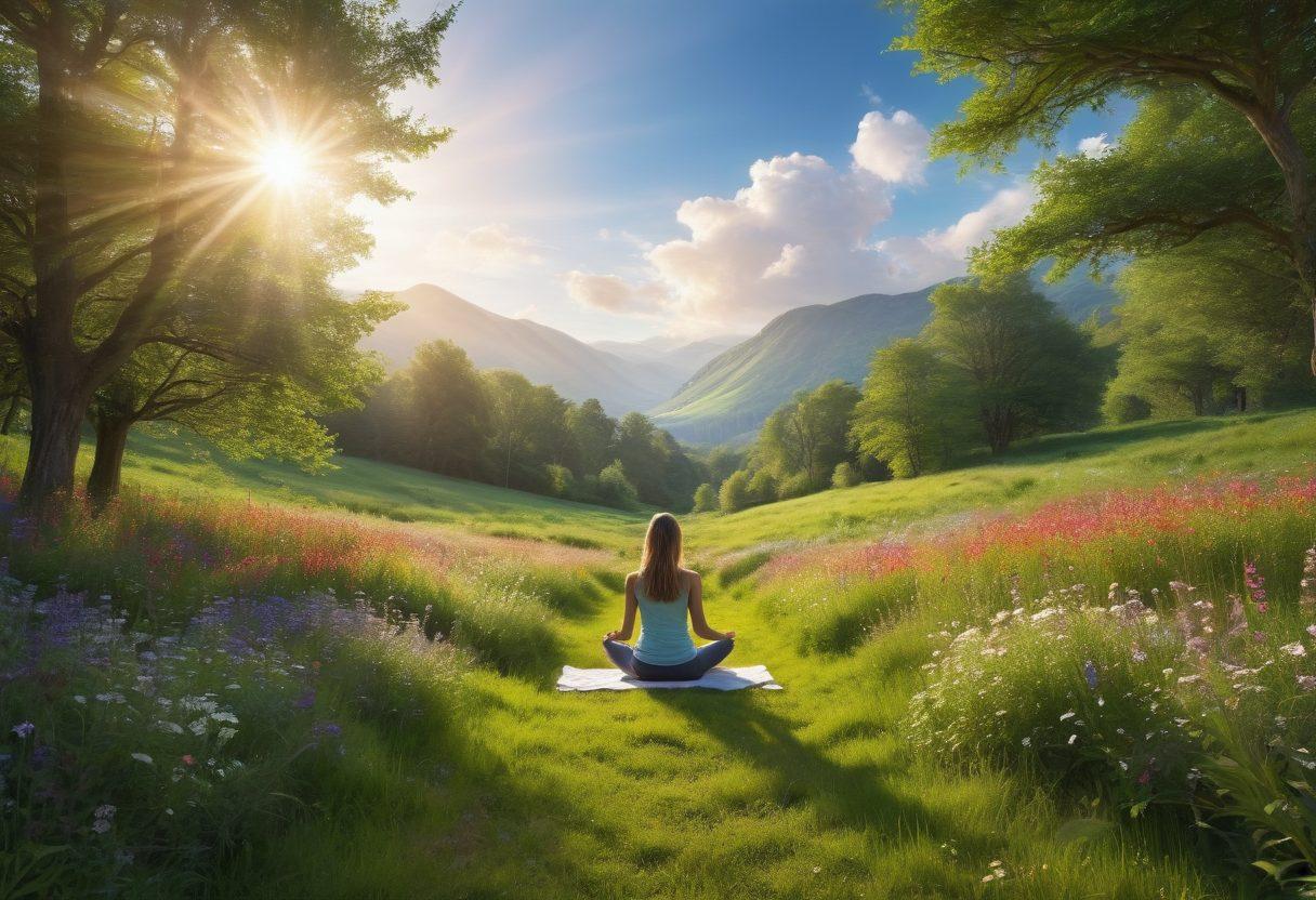 A serene landscape featuring a person meditating in a lush green meadow, surrounded by vibrant wildflowers. Soft rays of sunlight filter through the trees, creating a warm and inviting atmosphere. Symbolic elements like a heart-shaped cloud and gentle waves in the air convey the essence of self-love and compassion. The scene should evoke tranquility and balance, reflecting personal wellness. super-realistic. vibrant colors. peaceful ambiance.