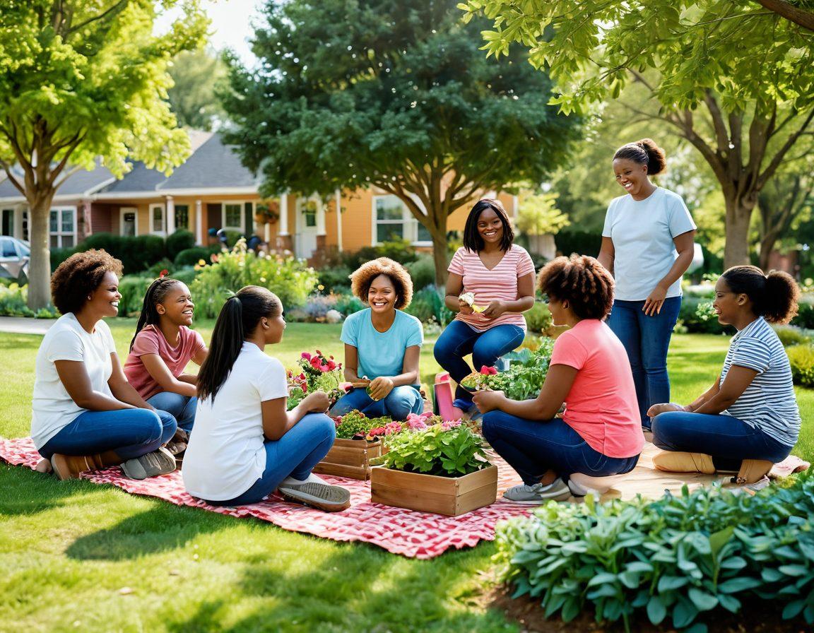 A diverse group of people engaging in various community activities such as gardening, sharing food, and teaching each other skills, all set in a warm, inviting neighborhood park. The scene should exude warmth and connection, with bright colors and smiles, highlighting the joy of community bonds. Include details like blooming flowers, children playing, and adults exchanging ideas. super-realistic. vibrant colors. 3D.