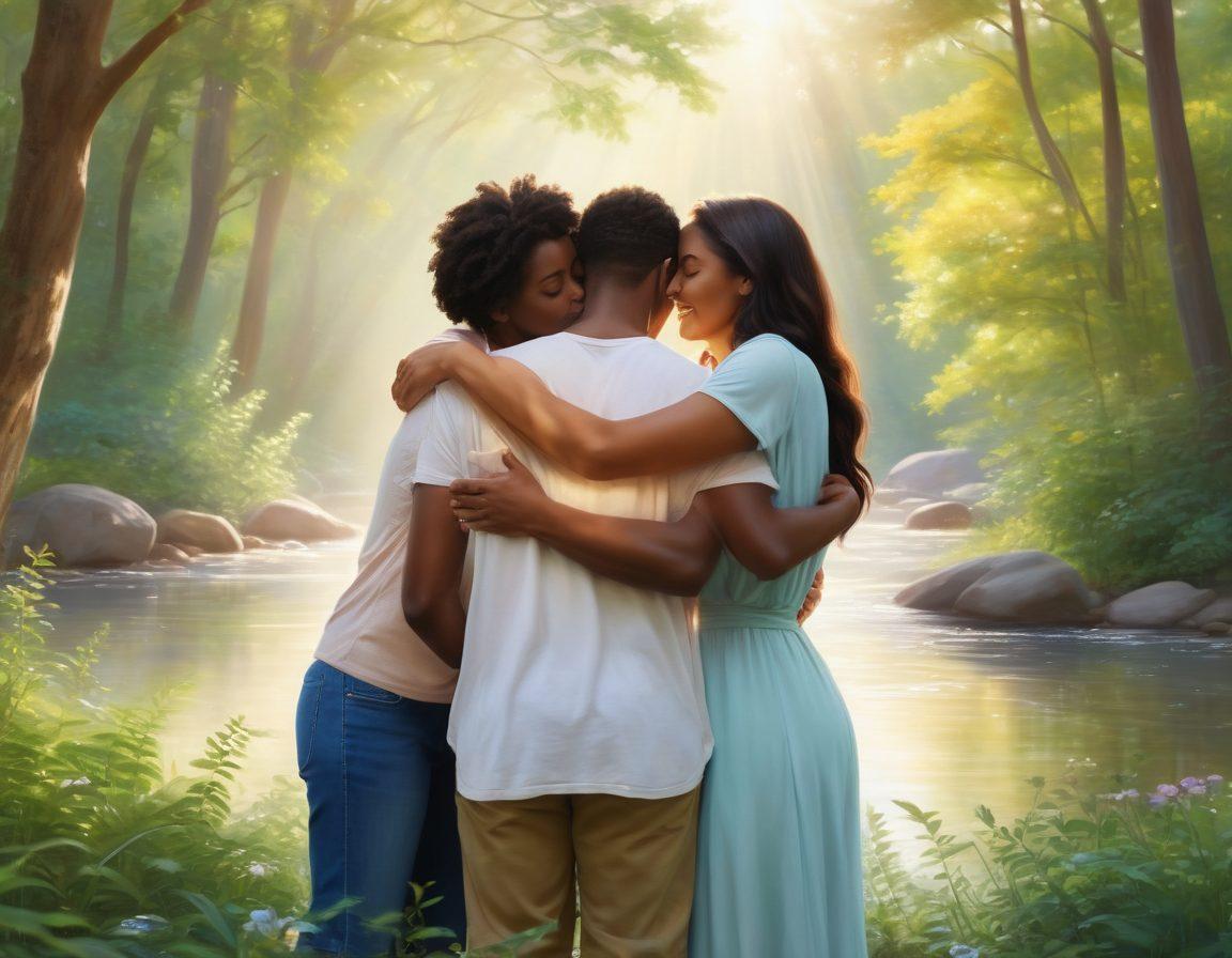 A serene scene depicting a diverse group of people sharing warm embraces, surrounded by nature’s beauty, symbolizing compassion and self-love. Show soft pastel colors with gentle rays of sunlight breaking through the trees, highlighting joyful expressions. Include elements of wellness like plants and gentle flowing water in the background. super-realistic. vibrant colors. soft lighting.